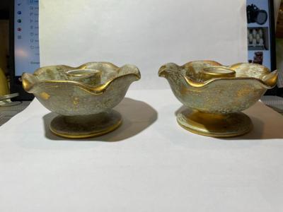 Set Of 2 Stangl Pottery Candle Holders Hand Painted w/Antique 22K Gold in Good Preowned Condition.