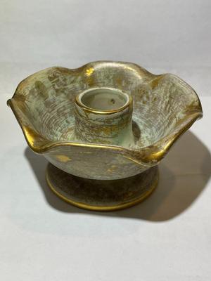 Set Of 2 Stangl Pottery Candle Holders Hand Painted w/Antique 22K Gold in Good Preowned Condition.