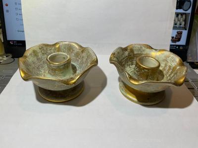 Set Of 2 Stangl Pottery Candle Holders Hand Painted w/Antique 22K Gold in Good Preowned Condition.