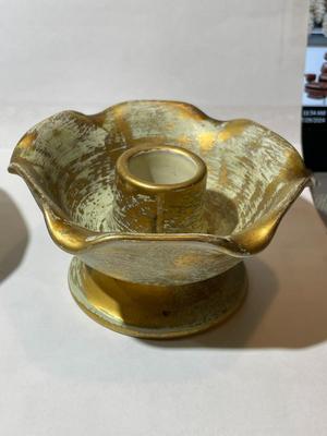 Set Of 2 Stangl Pottery Candle Holders Hand Painted w/Antique 22K Gold in Good Preowned Condition.