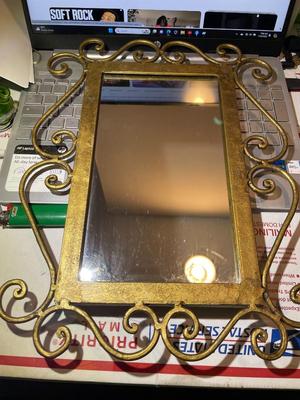 Vintage Antique Gold-tone Metal Framed Heavy Mirror 15.5" x 11.5" in Good Preowned Condition.