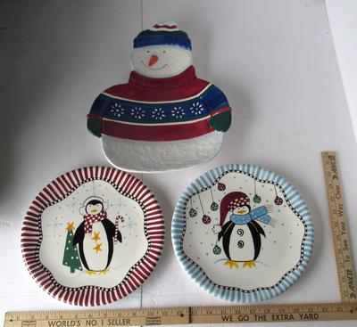 Snowman Serving Tray and Two Penguin Plates