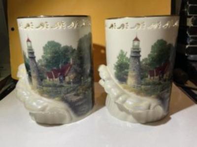 2-Lenox Fine China "the Light of Peace Votive" By Thomas Kinkade 5.75" Tall in VG Preowned Condition.