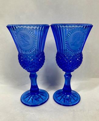 Blue Fostoria Glass George and Martha Washington Wine Goblets Avon 1976