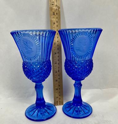Blue Fostoria Glass George and Martha Washington Wine Goblets Avon 1976