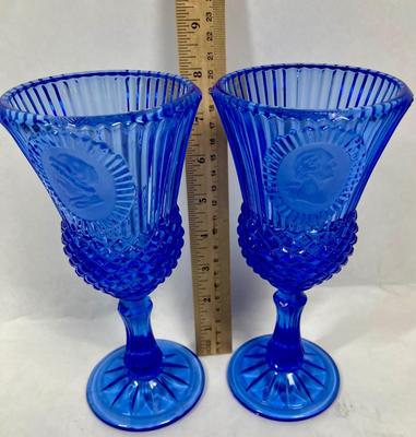 Blue Fostoria Glass George and Martha Washington Wine Goblets Avon 1976