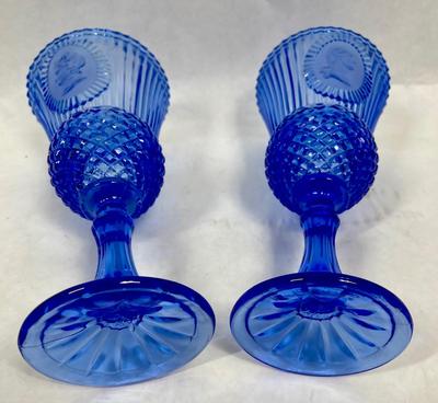 Blue Fostoria Glass George and Martha Washington Wine Goblets Avon 1976