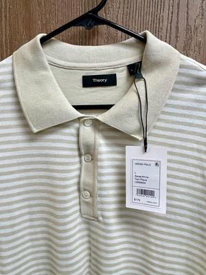 New with Tag Theory Tan and White striped Polo Shirt men's size L