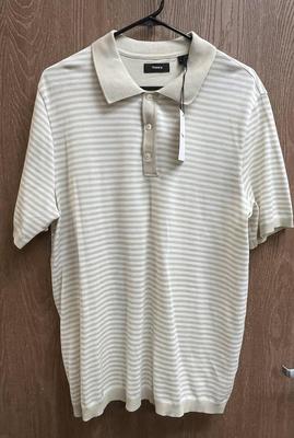 New with Tag Theory Tan and White striped Polo Shirt men's size L
