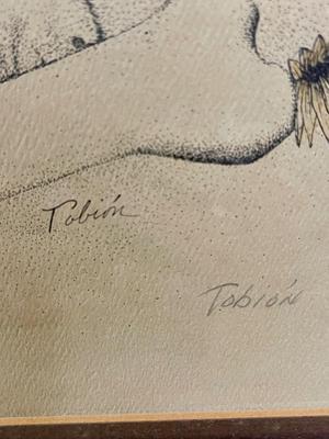 Artist Proof Framed Sketch of Basset Hound Puppy sitting in amongst daisies signed Tobion