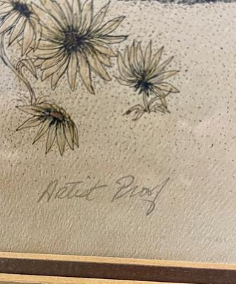 Artist Proof Framed Sketch of Basset Hound Puppy sitting in amongst daisies signed Tobion