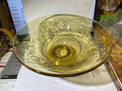 Vintage Lancaster Yellow Depression Glass Serving Bowl w/Etched Flowers 10" Diameter & 4.5" Tall in VG Preowned Condition.