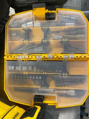 S49.5-Dewalt cordless impact driver with battery, battery charger, and reciprocating saw with battery, bits and a Dewalt bag