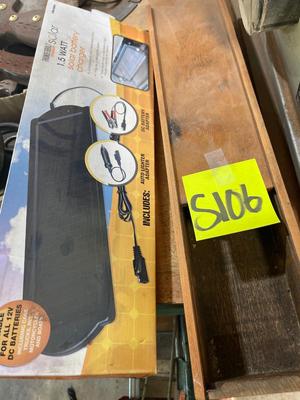 S106-Solar battery charger, and wooden box with sliding lid