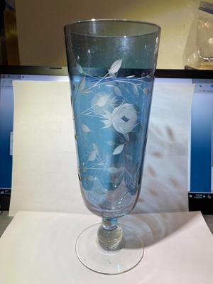 Vintage Light Blue Etched Pedestal Beer Glass 9.75" Tall in Good Preowned Condition.