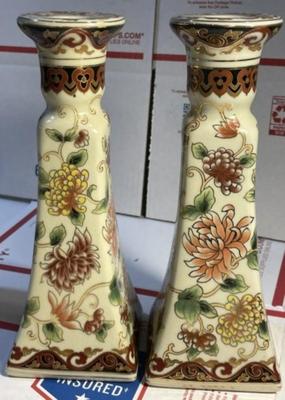 Asian Pair of Ceramic Candle Holders 8.75" Tall in Good Preowned Condition as Pictured.