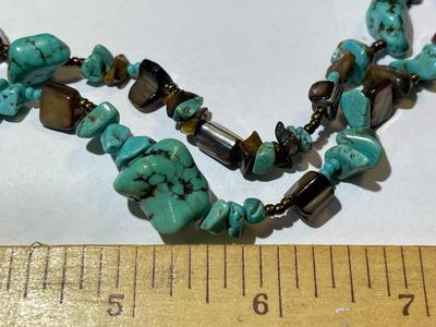 Vintage Preowned Double Strand Turquoise w/Some Tiger's Eye Bead Fashion Adjustable Necklace 18-22" in Good Preowned Condition.