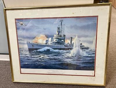Print of USS Plunkett in action at Anzio, Italy by Richard C. Moore
