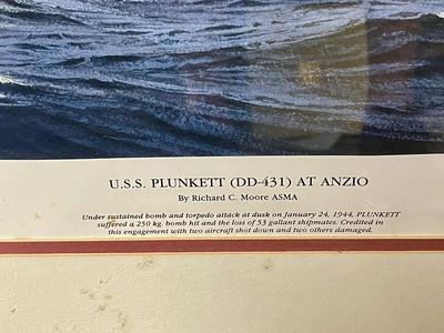 Print of USS Plunkett in action at Anzio, Italy by Richard C. Moore