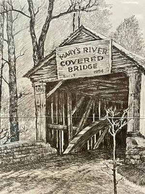 Framed Art, Covered Bridge over Mary’s River - by Roscoe Misselhorn