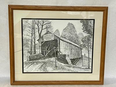 Framed Art, Covered Bridge over Mary’s River - by Roscoe Misselhorn