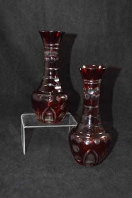 Set of 2 Vintage Bohemian CZECH Crystal Ruby Cut Glass Vases 6.75”