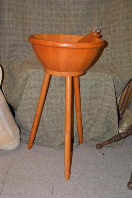 Natural Hardwood 18” Salad Bowl w/ Tripod, Serving Utensils