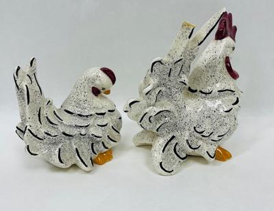 Vintage Black and White Dalmatian Chicken Figurine Pair - handpainted