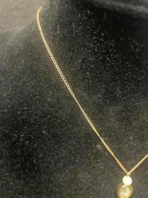 Gold Tone 15" Necklace with Faux Pearl and Green Stone Pendant Set in 1/20-12K GF