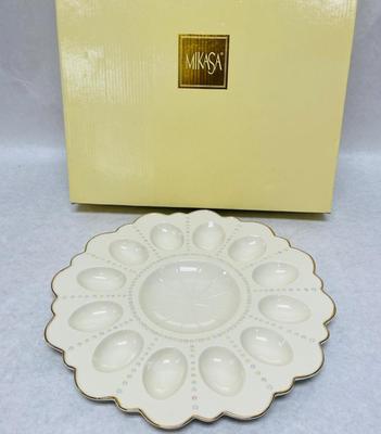 Mikasa Deviled Egg Plate Ivory Porcelain with Gold Gilt edges and Pastel dots