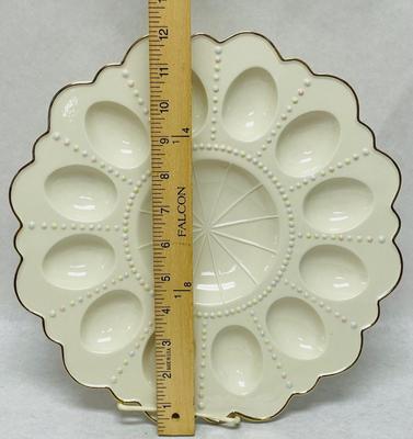 Mikasa Deviled Egg Plate Ivory Porcelain with Gold Gilt edges and Pastel dots