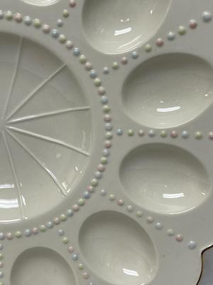 Mikasa Deviled Egg Plate Ivory Porcelain with Gold Gilt edges and Pastel dots