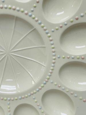 Mikasa Deviled Egg Plate Ivory Porcelain with Gold Gilt edges and Pastel dots