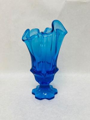 Vintage Fenton Colonial Blue Valencia Handkerchief Top Vase W/6 Tab Footed Base
