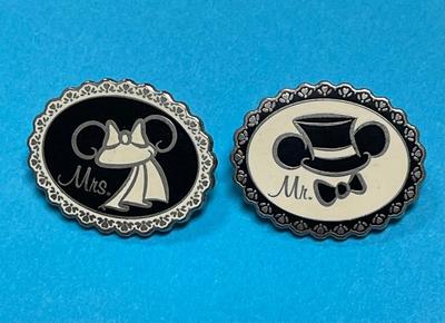 Disney Couple Mickey Minnie Ears Wedding Pin Set Mr Groom Mrs Bride black white