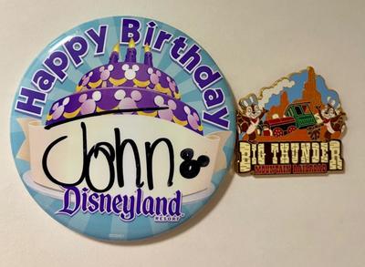 Disney Happy Birthday Button and part of a Disney Trading Pin