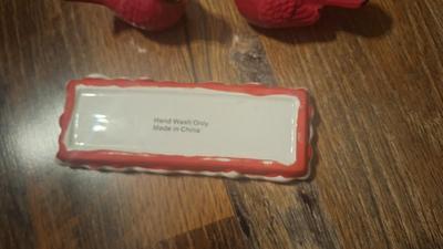 Ceramic Cardinals salt and pepper shakers and tray