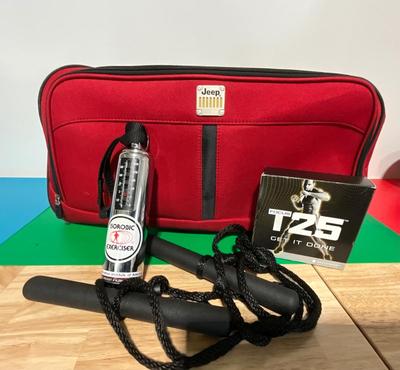 Jeep duffle bag, Isorobic Exerciser, T25 Focus