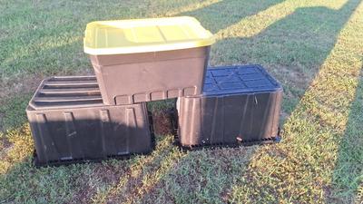Three storage totes one with a lid
