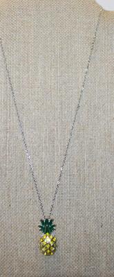 Green Stem Pineapple PENDANT (1⅛" x ¾") with 19 Yellow Stones on a Silvery Setting & Silver Tone Necklace Chain 20" L