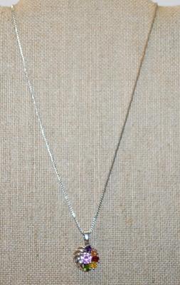 6 Multicolored Stones on a Round PENDANT (½" Circ.) & Silvery Half Circles on a Silver Tone Necklace Chain 18" L