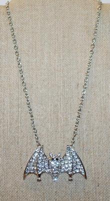 Large Black-Eyed Silvery Bat PENDANT (2½" x 1½") with Lots of Clear Stones on a Silver Tone Necklace Chain 16" L