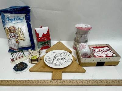Christmas Decor Lot - Figurine w/snow, Peace plate, Cutting Board, Puzzle, etc