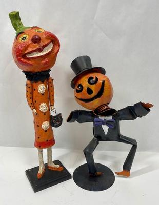 Retired Debra Schoch Halloween Pumpkin Girl & Tin Metal Pumpkin Head