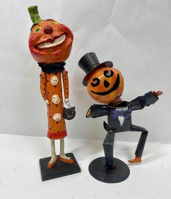 Retired Debra Schoch Halloween Pumpkin Girl & Tin Metal Pumpkin Head