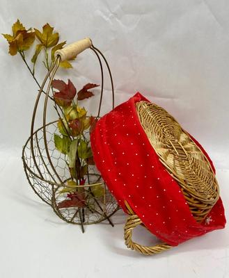 Two baskets - Wire Egg Basket and Round Rattan with handle and red fabric liner