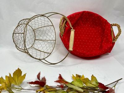 Two baskets - Wire Egg Basket and Round Rattan with handle and red fabric liner