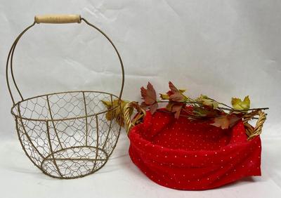 Two baskets - Wire Egg Basket and Round Rattan with handle and red fabric liner