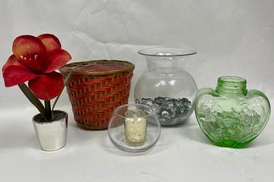 Floral Container Lot - vases potted faux flower in pot, basket, etc