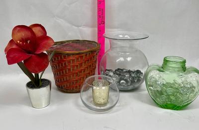 Floral Container Lot - vases potted faux flower in pot, basket, etc